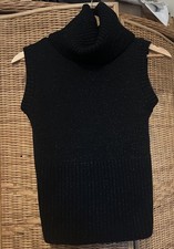 90s Lycra Glittery Black Roll Neck Polo Short Sleeve Ribbed Jumper Top Size S