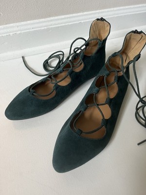 Nine West Suede Leather Pointed Toe Ballet Flats, Lace-up Emerald Pine Green 7.5