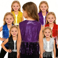 Kids Girls Waistcoat Dance Vest Cardigan Crop Top Fringed Costume Modern Stage