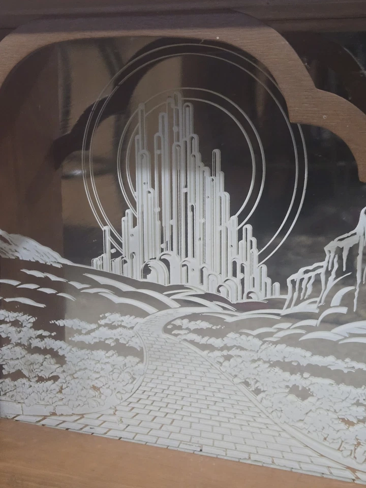 RARE VTG Rustic Country Wood Etched Wall Mirror Shelf Emerald City Wizard Of Oz - Image 2 of 4