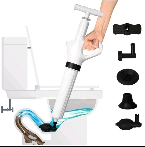 Upgraded High Pressure Air Drain Blaster Toilet Plunger Cleaner Kit w/ Foot Base