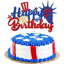 Gyufise 1Pcs 4th of July Happy Birthday Cake Topper small, Blue Red-1