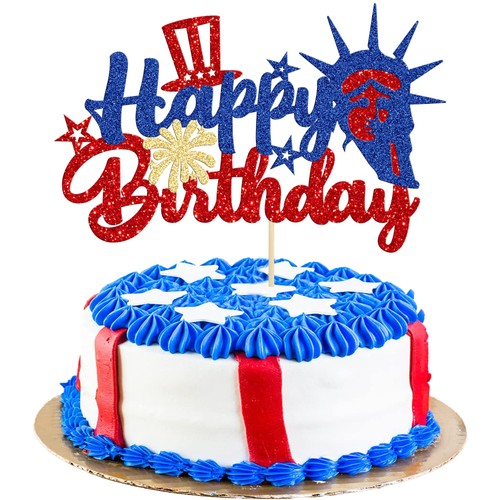 Gyufise 1Pcs 4th of July Happy Birthday Cake Topper small, Blue Red-1