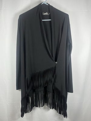 #ad Sympli Fringe Hem Tunic Top Womens Size 8 Black Stretch Canana 3 4 Sleeve EUC $39.99