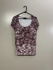 AB Studio Womens Ruched Floral Print Blouse Ruffle Lace Overlay Size XL      C74