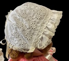 Vintage Handmade White Eyelet And Lace Baby Or Doll Bonnet