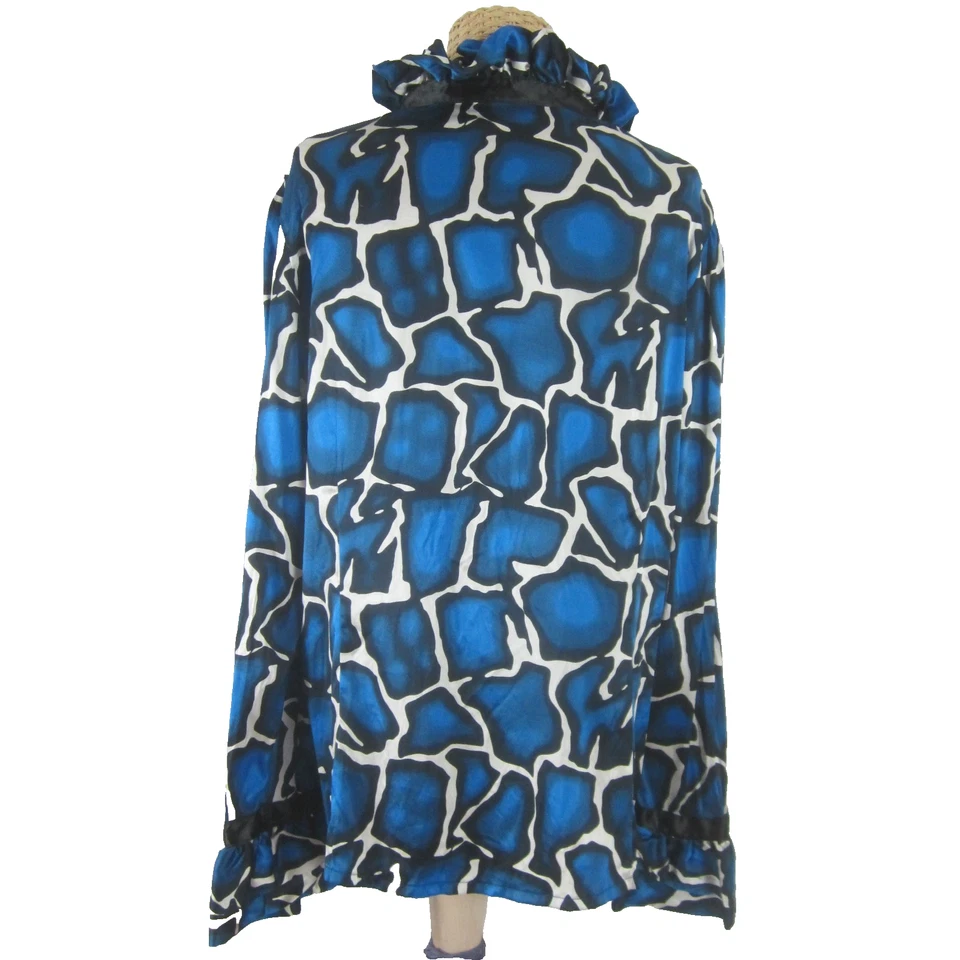 Blusa Camisa Etcetera Mujer 16 Azul Blanco Negro Seda Volantes Cuello LS 42" Grande Foto 3 de 4