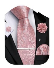 Mens Paisley Tie Set Silk Necktie and Pocket Square Rose Gold