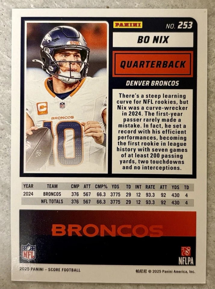 Pontuação 2025 - Bo Nix #253 Rookie Card /399 Denver Broncos SP Raro (RC) - Imagem 2 de 2