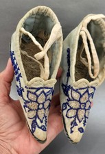 ANTIQUE LOTUS SHOES BEADED 6" LONG BLUE  CLEAR BEADS WORN BOUND FEET VINTAGE
