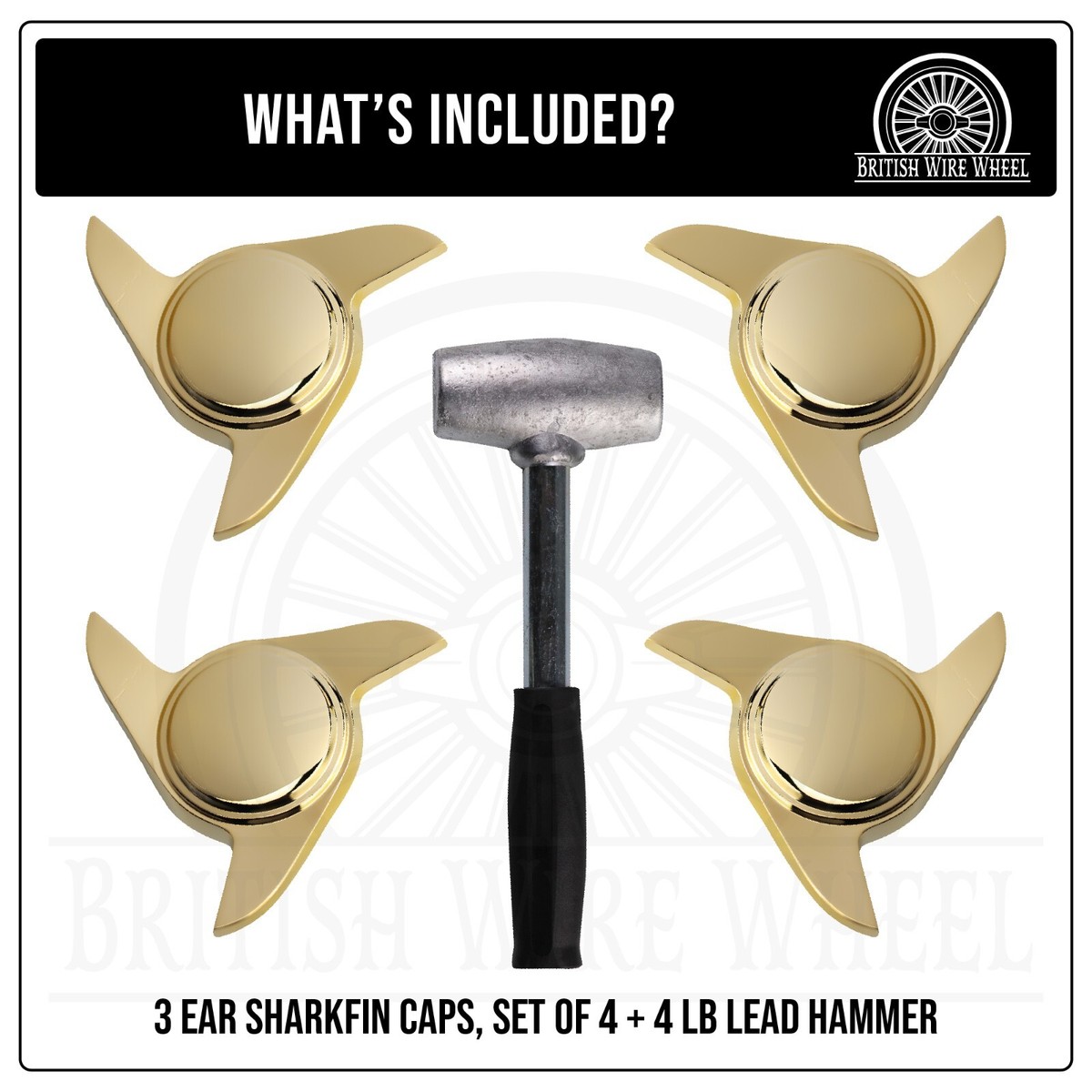 3 Bar Swept Gold Knock Off Spinner Caps for Lowrider Wheels, Set