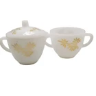 Vintage Federal White/Gold Floral Print Heat Proof Creamer & Sugar Bowl 2pcs Set
