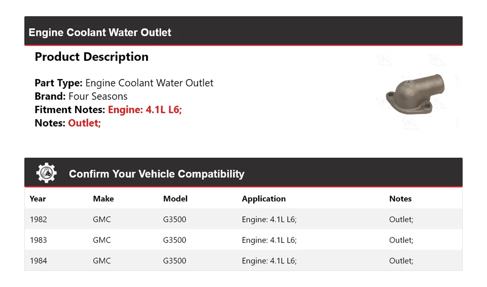 For 1982-1984 GMC G3500 4.1L L6 Engine Coolant Water Outlet 4 Seasons 1983 - Image 2 of 4