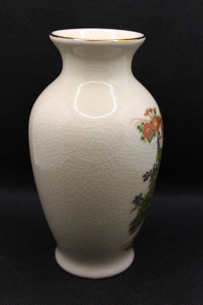 Vintage Asahi Japan Peacocks & Flowers Porcelain Crackle Vase Gold