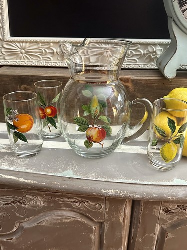 Retro Fruit Motif West Virginia Glass Handled Pitcher & 3 Matching Glasses - Picture 10 of 16