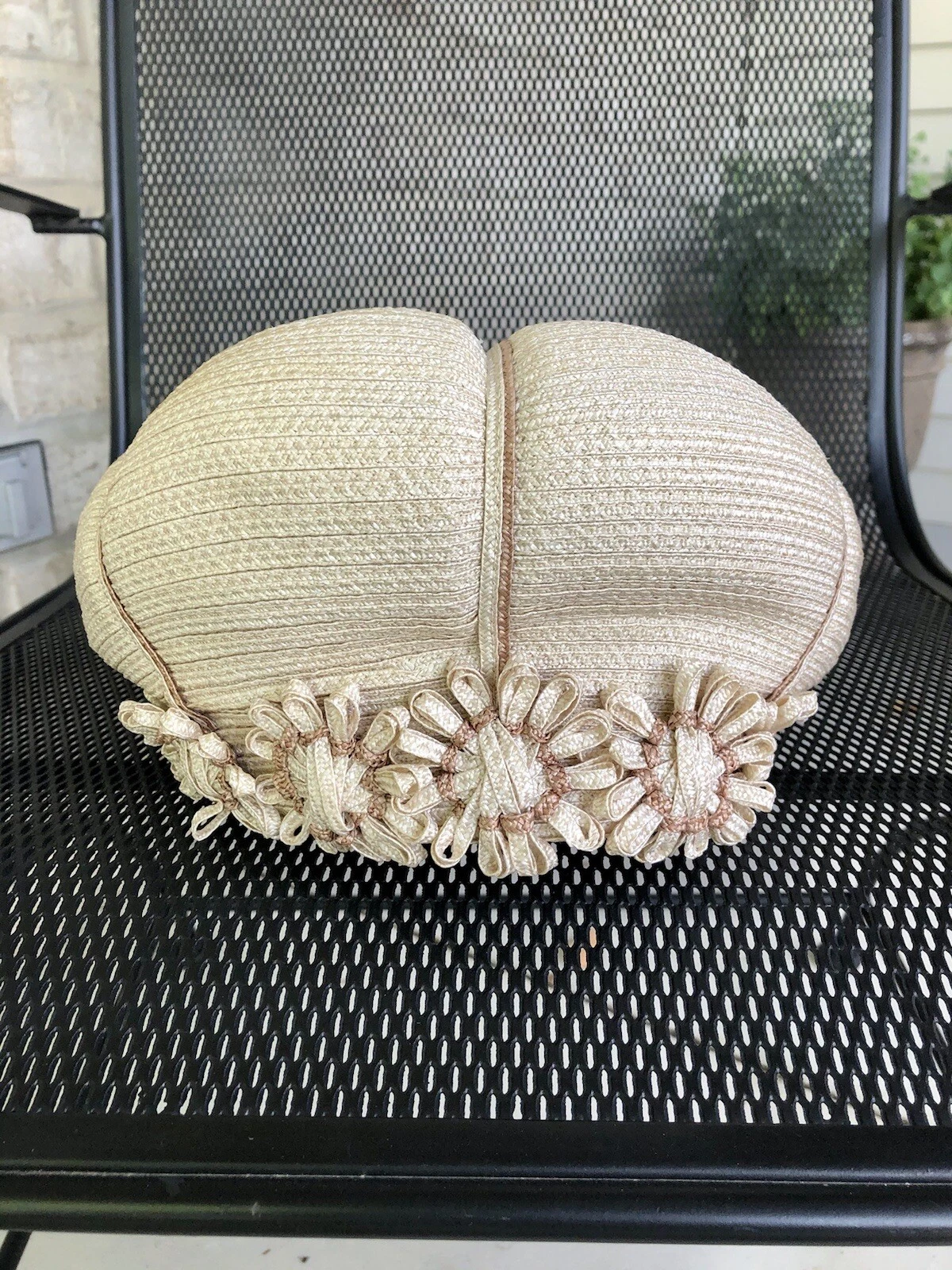 Chapeau vintage Christian Dior paille Raffia champignon ivoire floral
