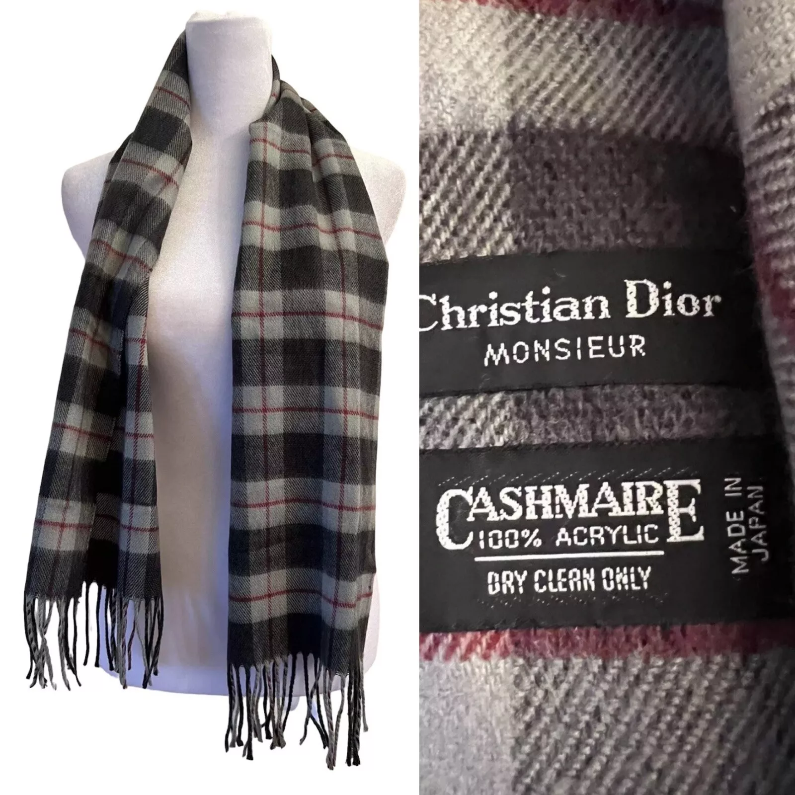 Christian Dior Monsieur écharpe col à carreaux gris rouge franges cachemire preppy