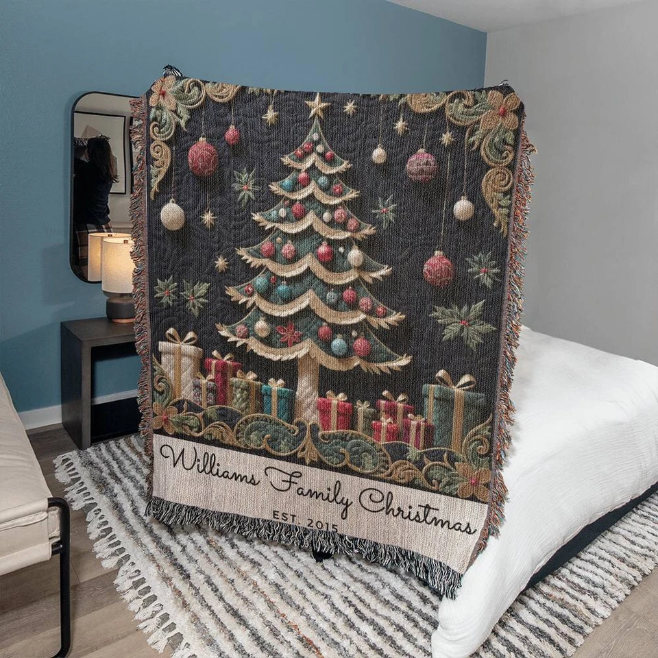 Custom Family Name Christmas Tree Woven Blanket Throw Tapestry Keepsake Gift - Image 3 of 4