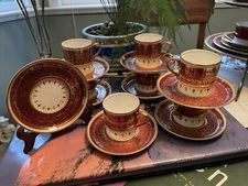 Aynsley Bone China Demitasse Espresso Cup & Saucer 7 Sets Red Gold Tone