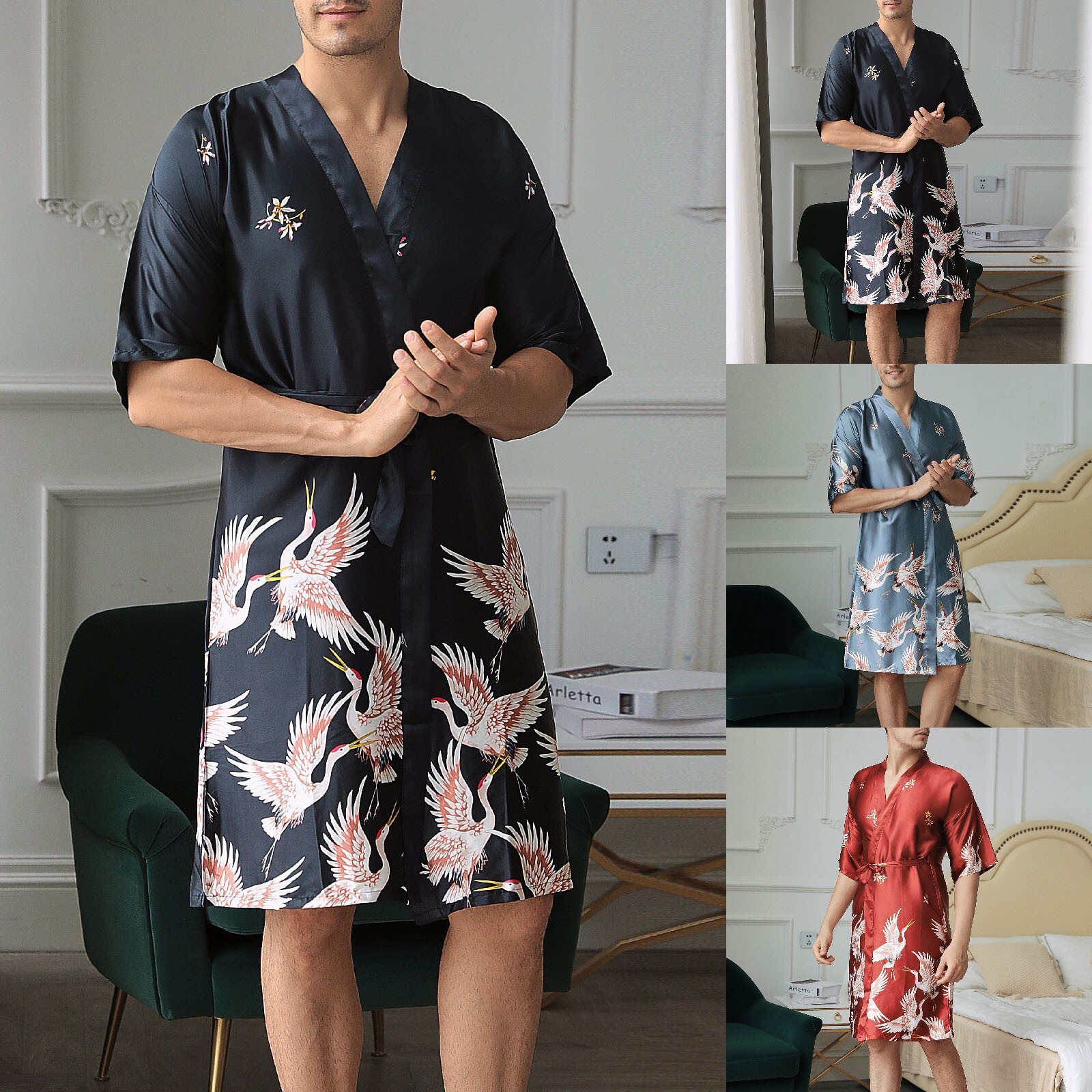 Mens Dressing Gown Summer Medium Length Printed Silk Dressing Gown