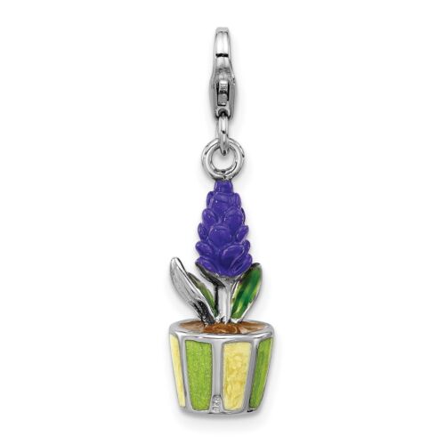 Sterling Silver Enameled 3-D Potted Flower Clip On Lobster Clasp Charm Pendant - Picture 1 of 7