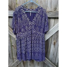 Free People Purple Silver Metallic Chevron Mini Dress Split Sleeve Small