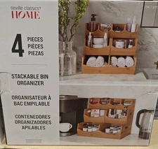 Seville Classics Bamboo Stackable Bin Organizer – 4-Piece Storage Set