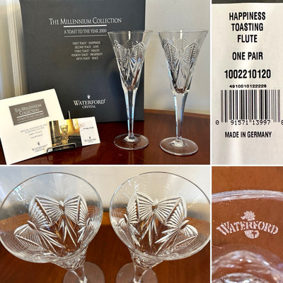 New in Box 2 WATERFORD CRYSTAL Millennium Happiness Champagne Toasting Flutes