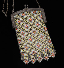Vtg Whiting Davis Mesh Purse Bag Diamond Enamel Blue Chain Metal Art Deco Blue