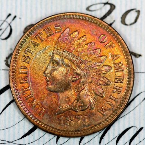 * 1874 * NEAR+ GEM BU MS INDIAN HEAD PENNY * FROM ORIGINAL COLLECTION