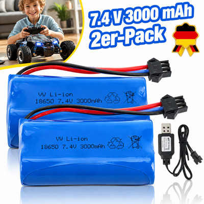 2er Pack 7.4V 3000mAh Lithium-Ionen-Akku SM-3P Stecker 43cm Kabel für RC-Boot