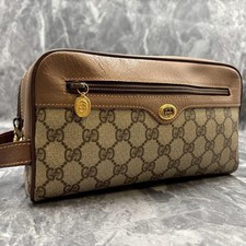 GUCCI 014.58.6086 GG Clutch Bag Beige Brown Leather Gold Hardware Logo