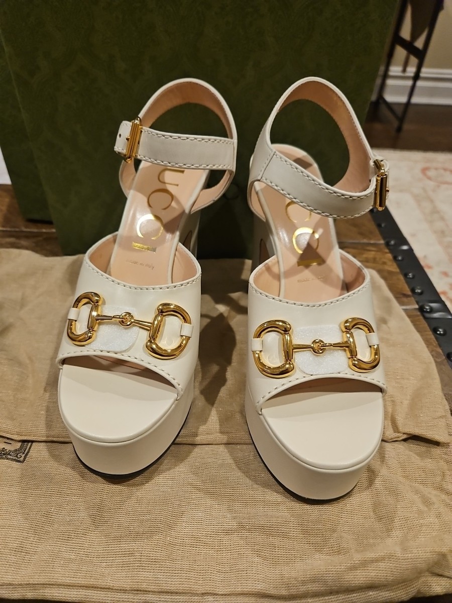 GUCCI Ivory Leather Horsebit Platform Heels Sandals Size 40, US 10
