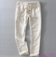 Men's Linen Beach Pants Drawstring Breathable Casual Work Comfort Long Trousers