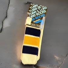 VTG 80s Tube Socks Ridgeview Navy/Gold Striped Orlon Acrylic USA 20 NOS 9-13