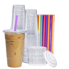  24 oz. - 100 Count Clear Cups with Flat Lids  Straws - Disposable Clear Dri...