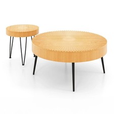 Costway Set 2 Tavolini da Caffè Rotondi Casale Legno Massello Arredo Soggiorno
