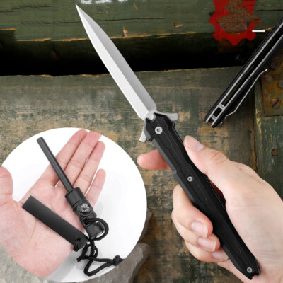 Outdoor Camping Starter Steel Striker Tool Flint Pocket Knife Fold Spring Knives