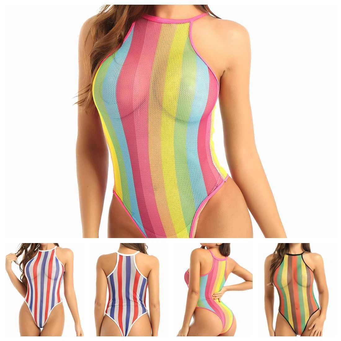Ladies Striped Fishnet Swimsuit Swimwear Monokini Bikini See