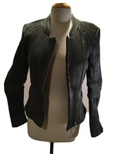 MAJE LADIES GUNPOWDER RIBBED LAMB LEATHER ASYMMETRIC ZIPPER JACKET SIZE 38