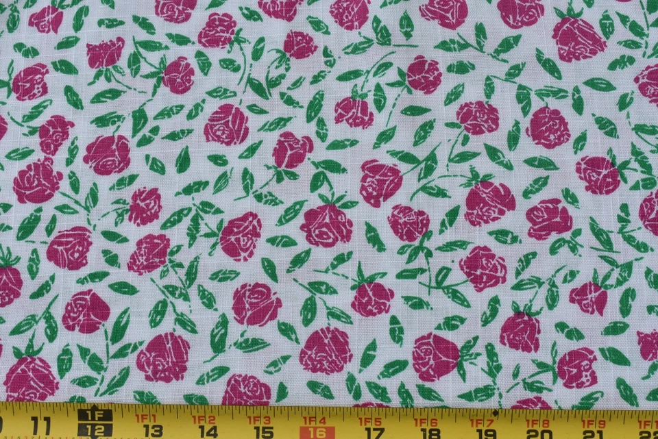 By 1/2 Yd, Vintage, Rose & Green Floral on White Linen-Look Cotton, Omega, P8699 - Image 2 of 4