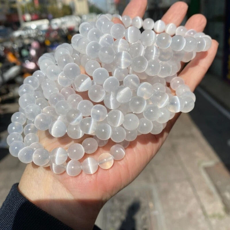 Cuentas sueltas de selenita real ojo de gato blanco grado 5A natural de 6-10 mm para joyería hágalo usted mismo Foto 4 de 4