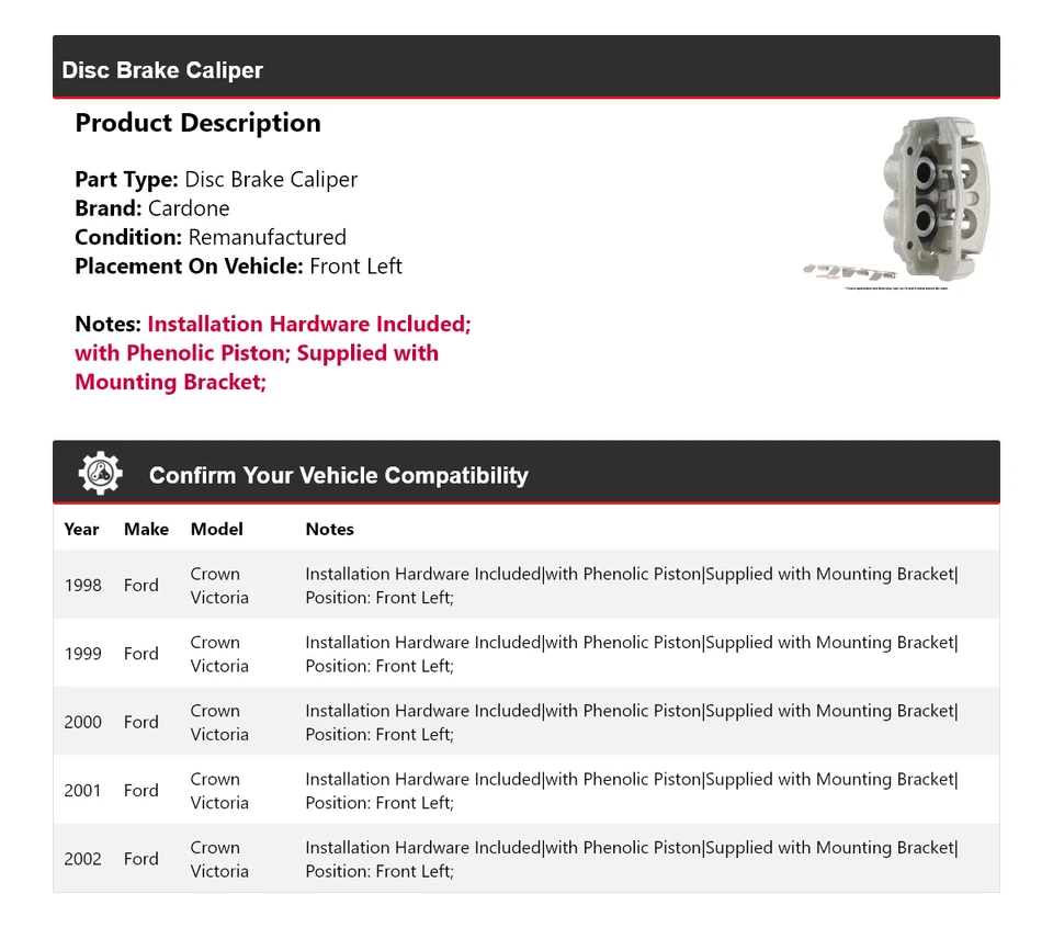 Суппорт дискового тормоза передний левый кардон 1999 для Ford Crown Victoria 1998-2002 годов выпуска - Изображение 2 из 4