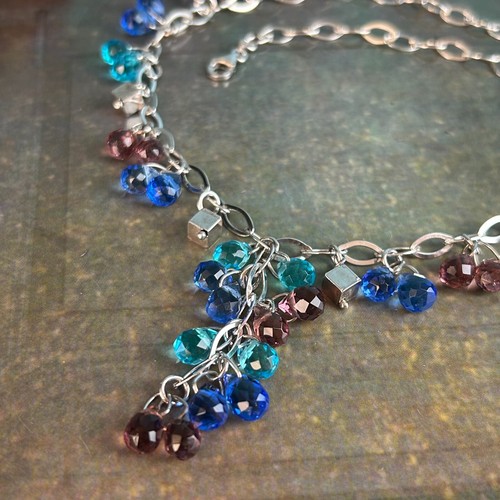 Hallmarked STERLING SILVER 925 Blue Pink Aqua Chain Crystal Choker Y Necklace 16 - Picture 7 of 16