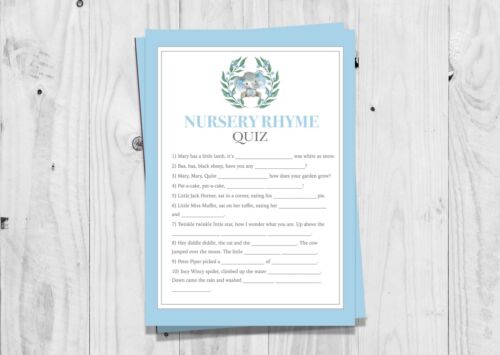 Baby Shower Game, Boy, Baby Boy, Elephant, Watercolour, Blue, Nursery Rhyme Quiz - Picture 1 of 1