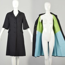 Giacca Topper Media Anni 60 Cappotto Auto Lime Teal Contrasto Colorblock Nero Seta