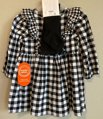 NWT Wonder Nation Girl's Size 12M Black White Gingham Dress Ruffles Tights Plaid - 第 3/8 張圖片