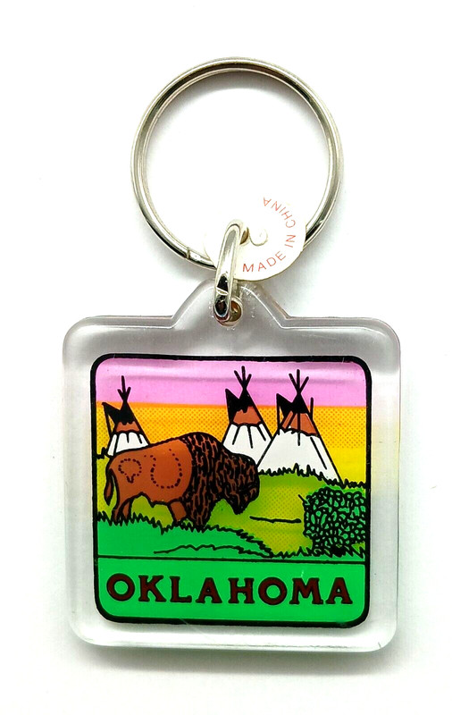 Vintage NOS Oklahoma Indian Teepees Buffalo Keychain Keyring