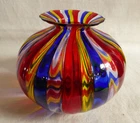 Vtg Murano Glass Round Vase Red Blue Stripes Signed by Artist 1960-70s