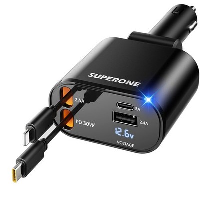 【Upgraded】 SUPERONE Retractable Car Charger 4 in 1, Fast Phone Black 